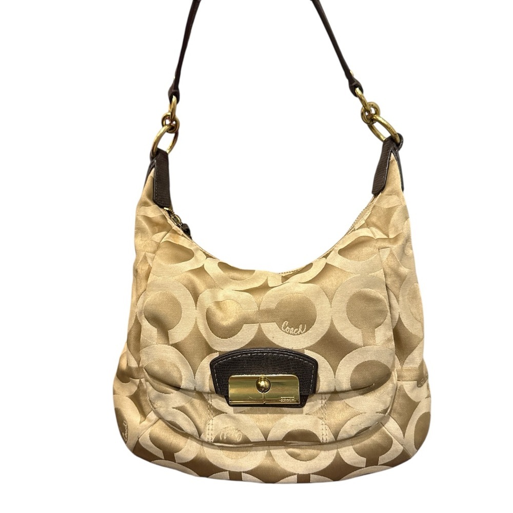 Coach Tan Signature Shoulder Bag Hobo optic c brown purse designer leather trim
